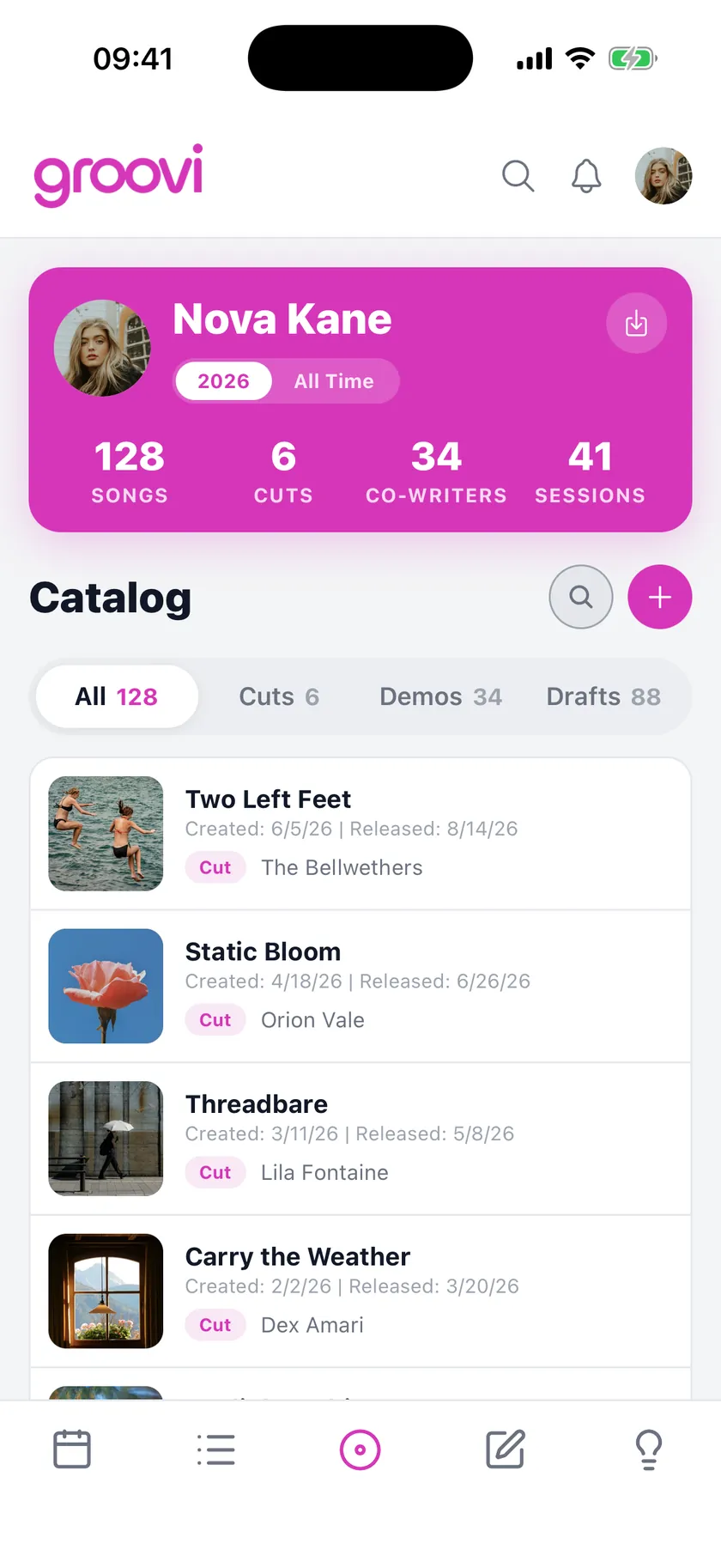 Nova Kane's catalog in the groovi iPhone app: a header reading 128 songs, 6 cuts, 34 co-writers and 41 sessions, above filters for All 128, Cuts 6, Demos 34 and Drafts 88 and a list of released cuts.
