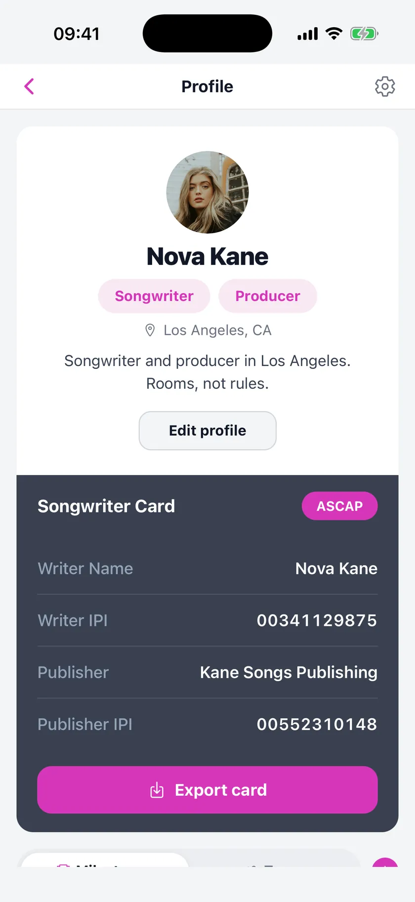 Nova Kane's groovi profile on iPhone, showing her Songwriter Card with ASCAP affiliation, writer IPI, publisher and publisher IPI.