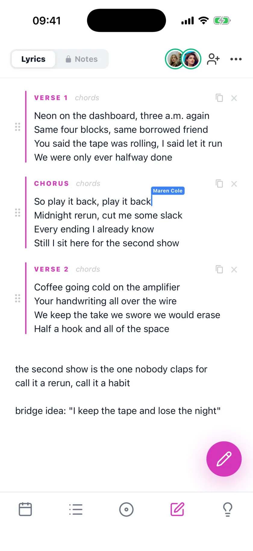 Two songwriters on the same draft in the groovi iPhone app: Nova Kane and Maren Cole are both live in the top bar, Maren’s cursor sits in the chorus under a flag with her name, and the verses, chorus and the parked lines at the bottom of the draft are all on one page.